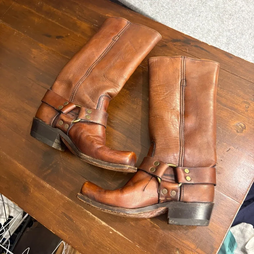 Vintage Frye 12R Harness Boots Brown Leather Square Toe Made in USA Mens 6 D